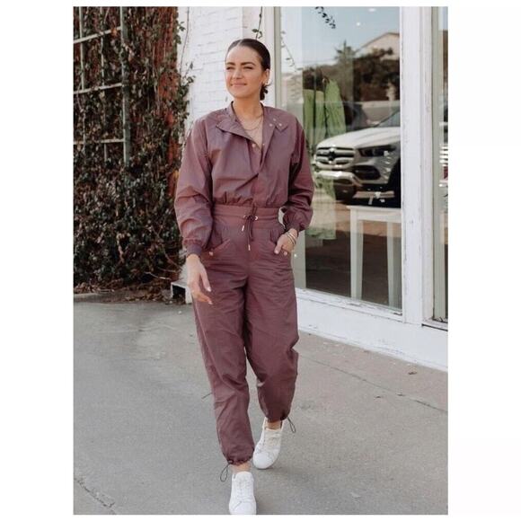 NWT Athleta & Alicia Keys size 14 plum colored  nylon jumpsuit open back - Picture 1 of 7